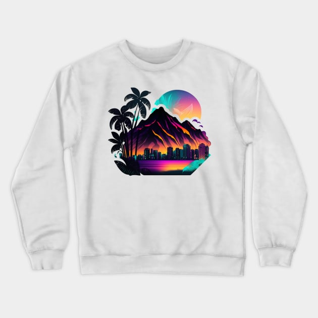 Hawaii Island Neon Cityscape Honolulu Waikiki Crewneck Sweatshirt by peachycrossing